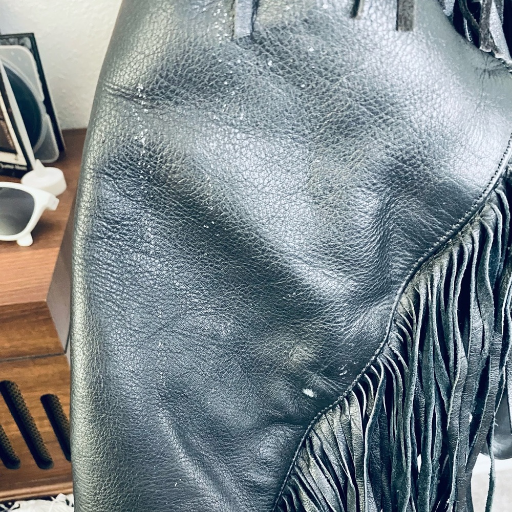 Vintage Genuine Black Leather Rose Cutout Boho Fringe Motorcycle Jacket Medium - Picture 11 of 13